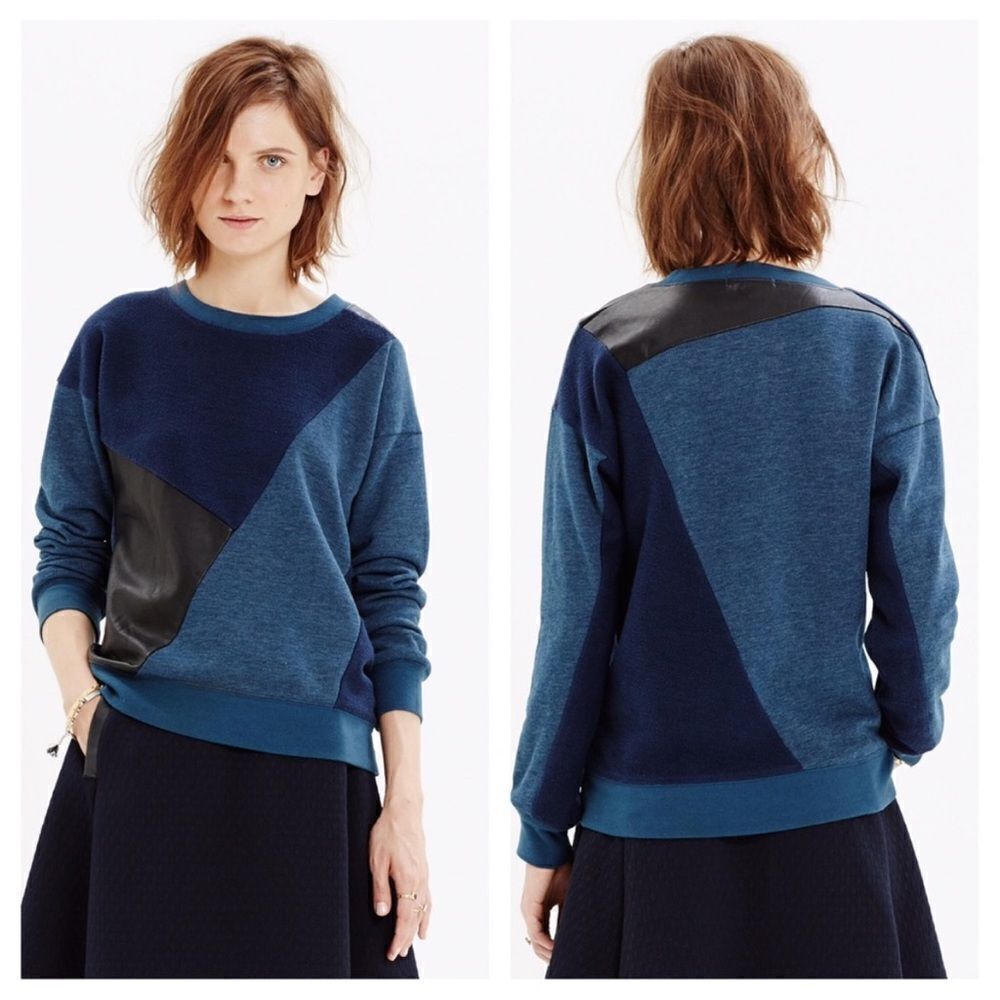 MADEWELL Navy Blue Cotton and Black Faux Leather Patchwork Sweater-M NWT